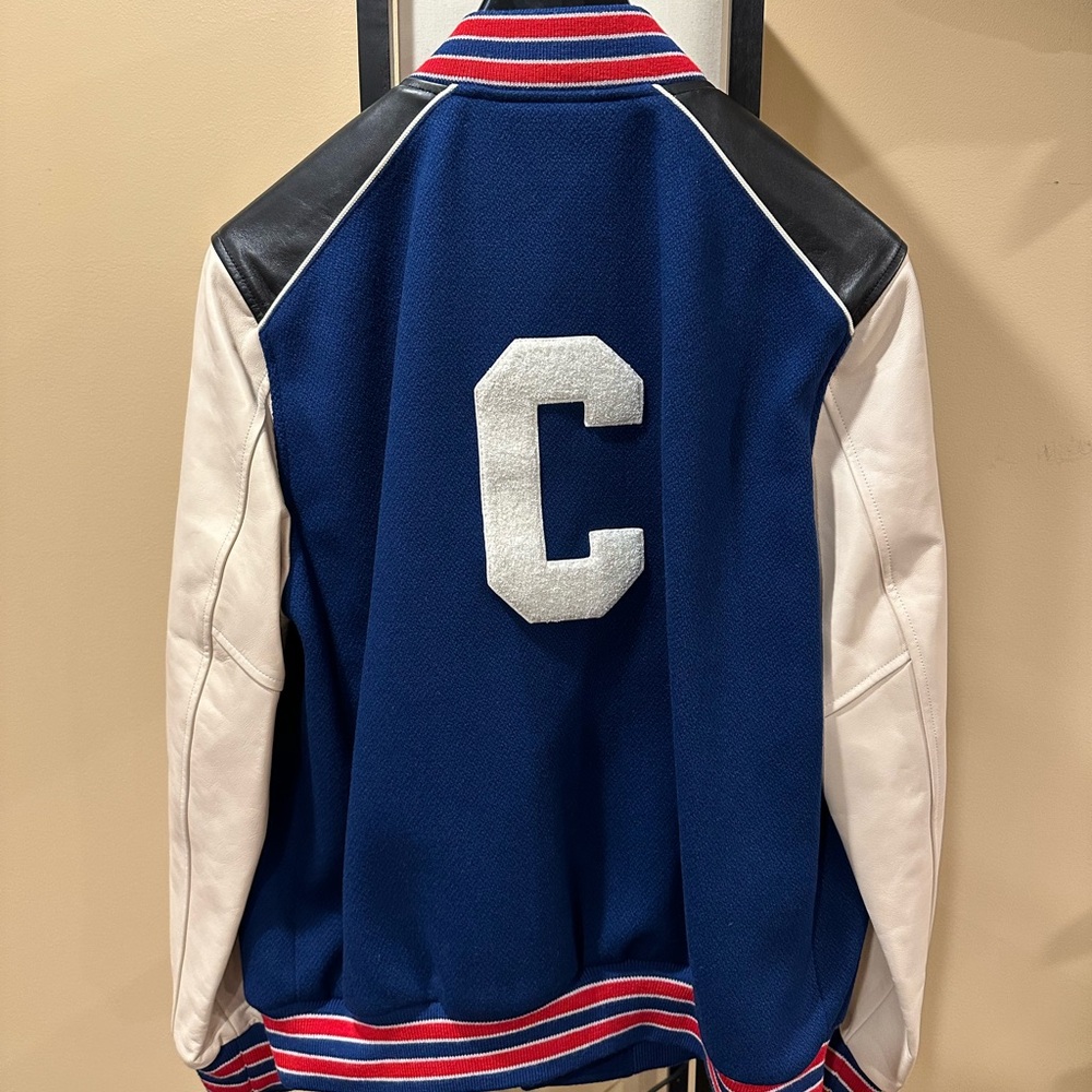 Celine x Hedi C Logo Leather Sleeve Blue Woold Teddy Jacket - Picture 2 of 14